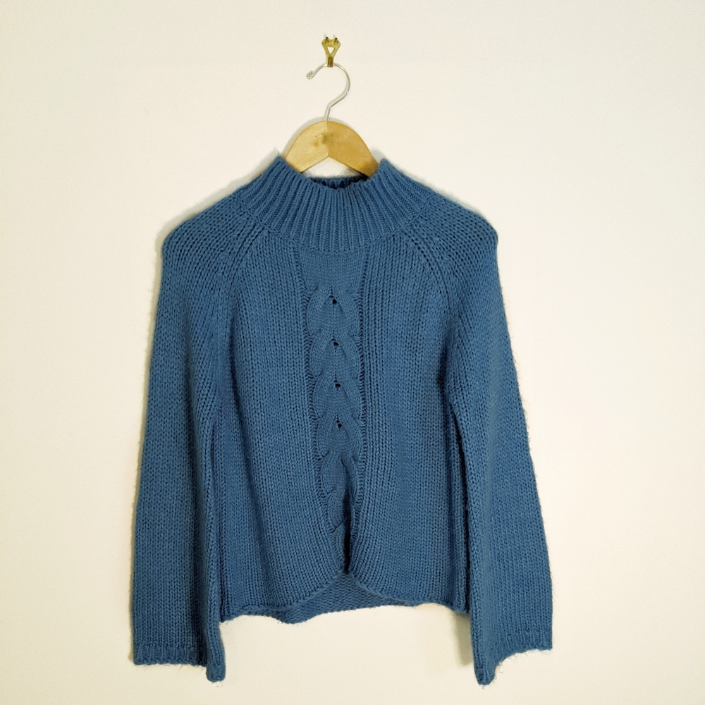 Blue Cable Knit Turtleneck Sweater